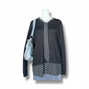 Adrianna Papell Women's Polka Dot Tie Neck Layered Sweater Top Black L‎ career